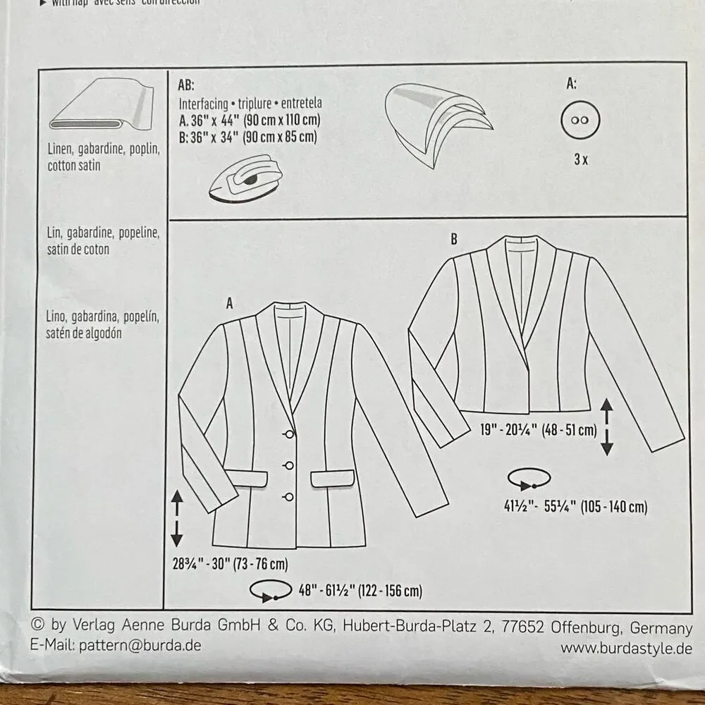 Burda sewing pattern #7245 blazer jacket short or long UNCUT Plus Size US 18-30